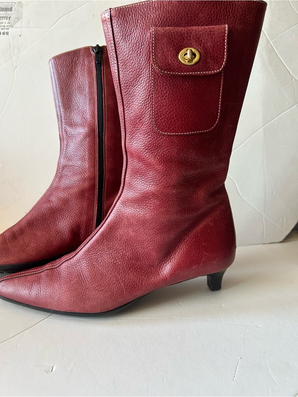Coach Burgundy Leather Mid-Calf Kitten Heel Boots with Turn-Lock Pocket